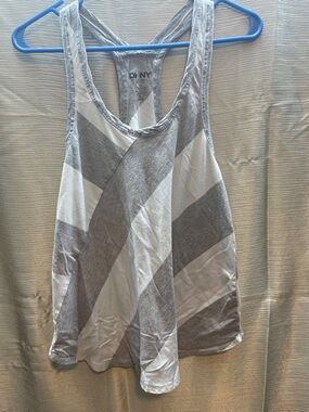 DKNY Gray and White Diagonal Stripe Racerback Tank
